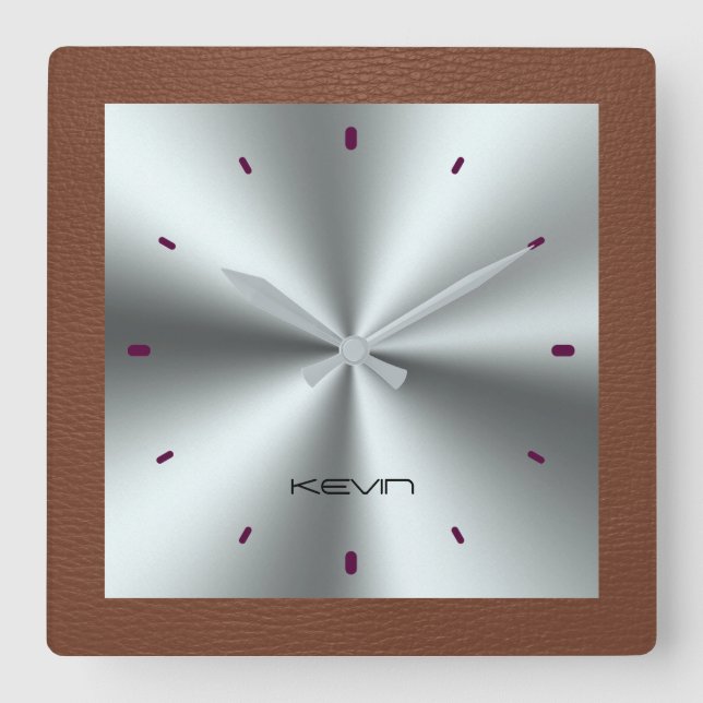 Brown Faux Leather & Metallic Stainless Steel Square Wall Clock (Front)