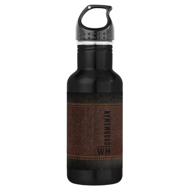 Brown Faux Leather Monogram Groomsman Gift 532 Ml Water Bottle (Front)