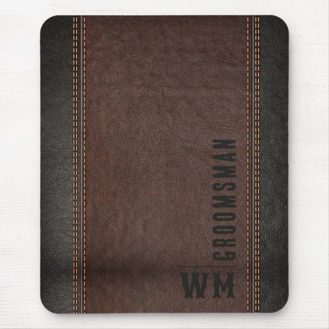 Brown Faux Leather Monogram Groomsman Gift Mouse Mat (Front)