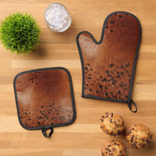 Brown Faux Leather Oven Mitt & Pot Holder Set
