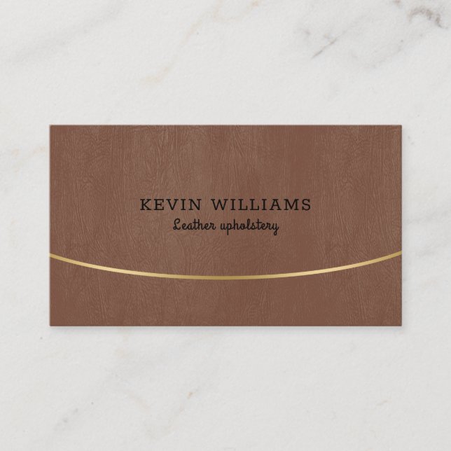 Brown faux leather texture gold accent business card (Front)