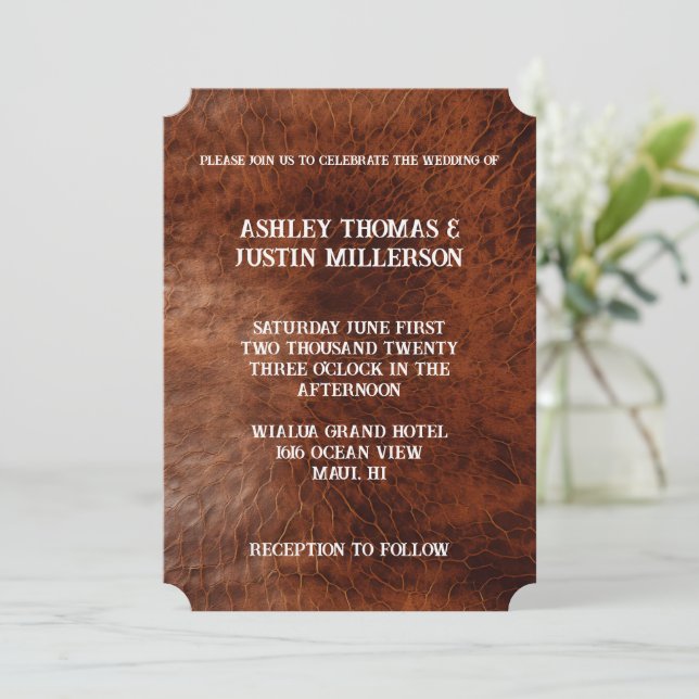 Brown Faux Leather Wedding Invitation (Standing Front)