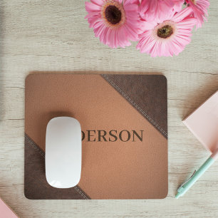 Brown Faux Leather With Sewing Stitches Effect Mouse Mat