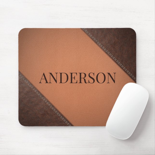 Brown Faux Leather With Sewing Stitches Mouse Mat (With Mouse)