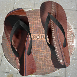 Brown Faux Leather Zipper Photographic Flip Flops