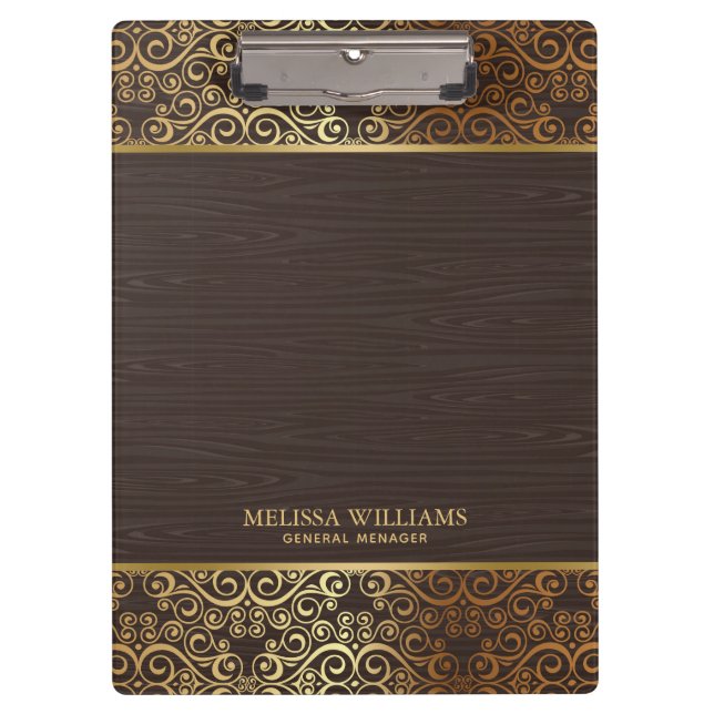 Brown Faux Wood With Gold Swirls Border Clipboard (Front)
