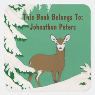Brown Female Deer Pine Tree Snow Mint Green Square Sticker