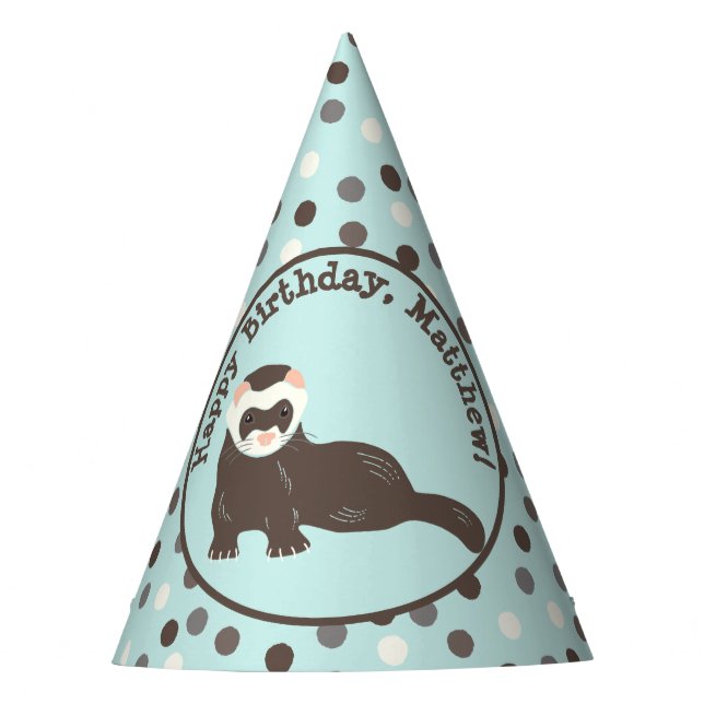 Brown Ferret Mint Green Personalised Birthday Party Hat (Front)