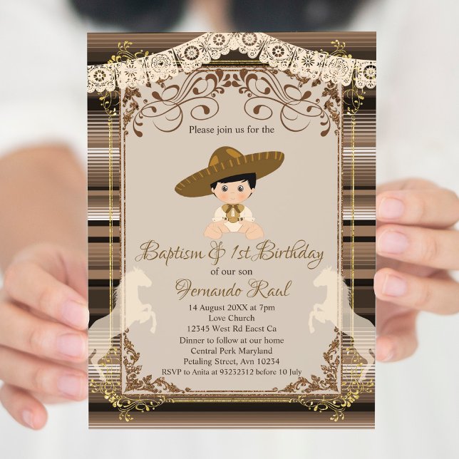 Brown Fiesta Baptism and First Birthday Boy Invitation (Creator Uploaded)