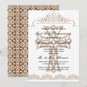 Brown First Holy Communion Cross Invitations