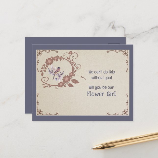 Brown Floral and Bird Flower Girl Invitation (Front/Back In Situ)