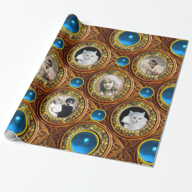 BROWN FLORAL CHRISTMAS CROWN,BLUE GEM PHOTO FRAME WRAPPING PAPER (Unrolled)