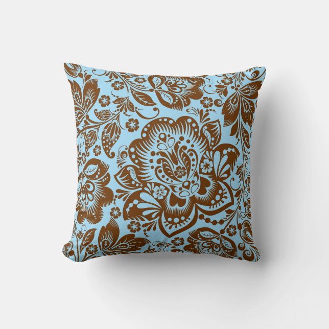 Brown Floral Damask Light Blue Background Cushion (Front)