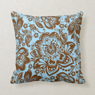 Brown Floral Damask Light Blue Background Cushion