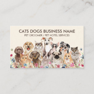 Brown Floral Design with Cats Dogs Business Card