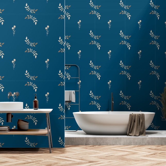 Brown Floral Line Art on Blue Ocean: Peel & Stick Wallpaper (Bathroom)