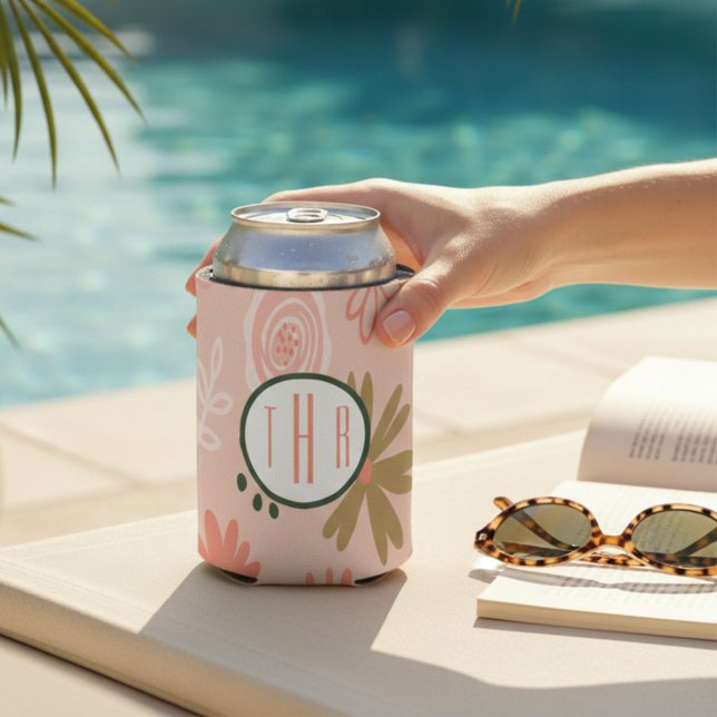 Brown Floral Monogram Foam Can Cooler (Creator Uploaded)