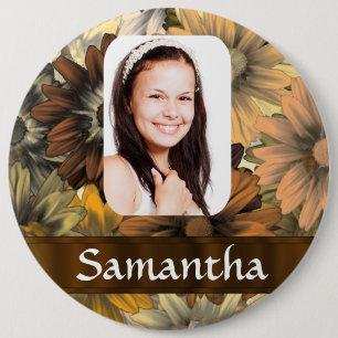 Brown floral personalised photo template 6 cm round badge