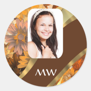 Brown floral photo template classic round sticker