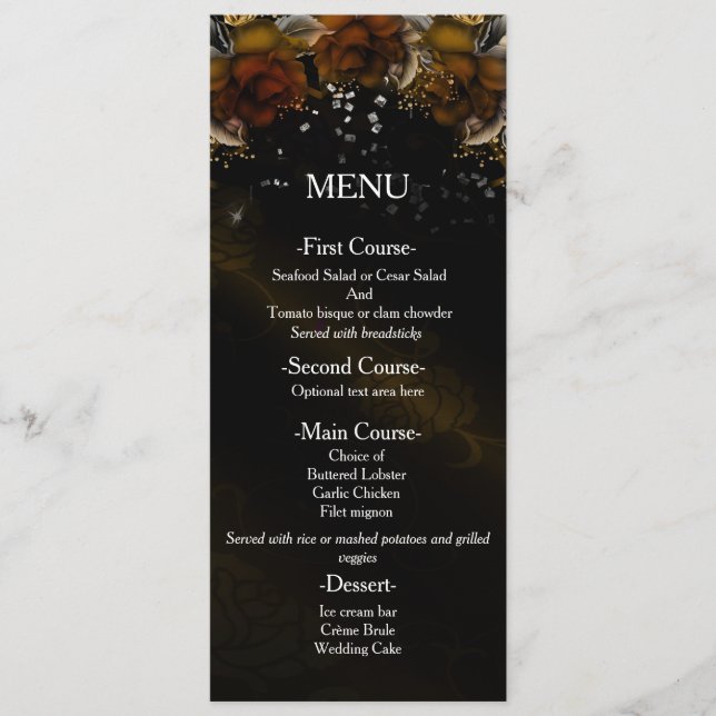 Brown Floral Roses Autumn Fall Wedding Menu Card (Front)