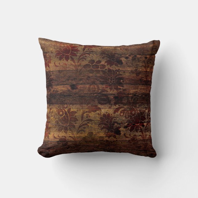 Brown Floral Rustic Wood Cushion (Front)