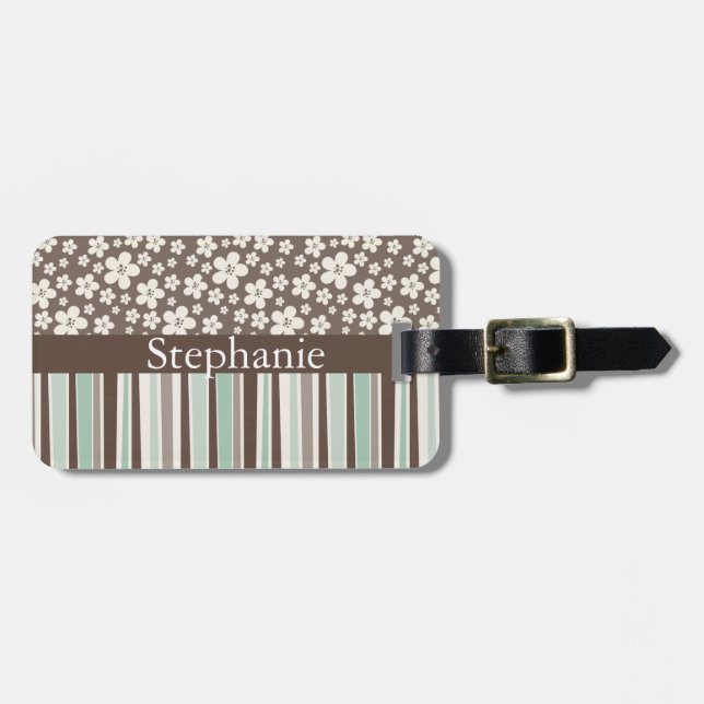 Brown Floral Stripe Customisable Luggage Tag (Front Horizontal)