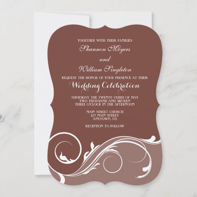 Brown Floral Swirl Bracket Wedding Invites (Front)