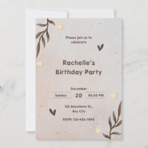 Brown Floral Watercolor Leaves Birthday Invitation