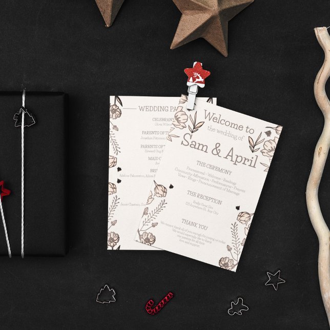 Brown Floral Wedding Theme Programme (Wedding ceremony detailed card in your wedding theme)