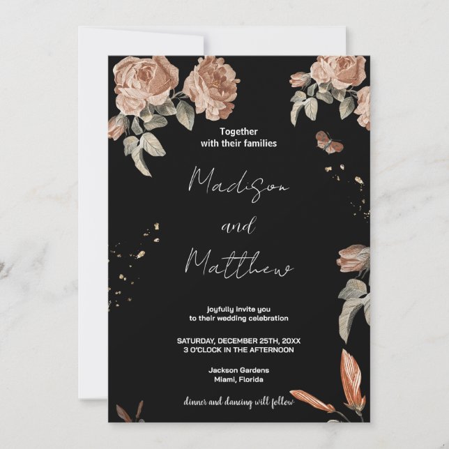 Brown Flower Black Wedding Invitations (Front)