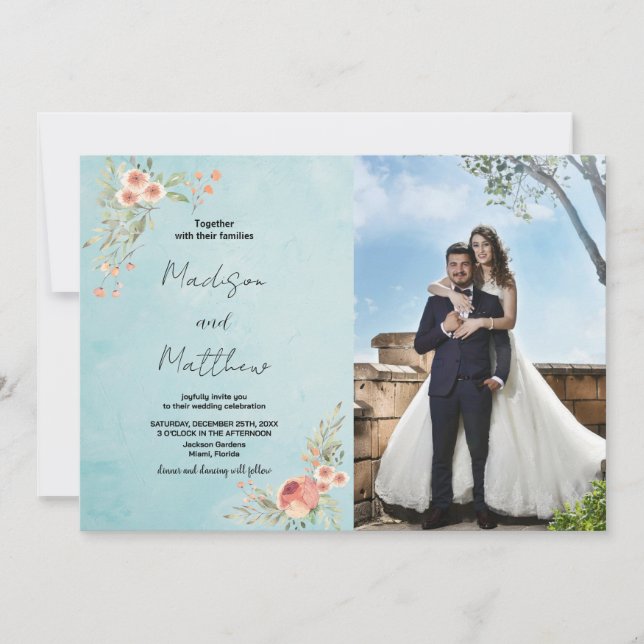 Brown Flower Green Wedding Invitations with photo (Front)