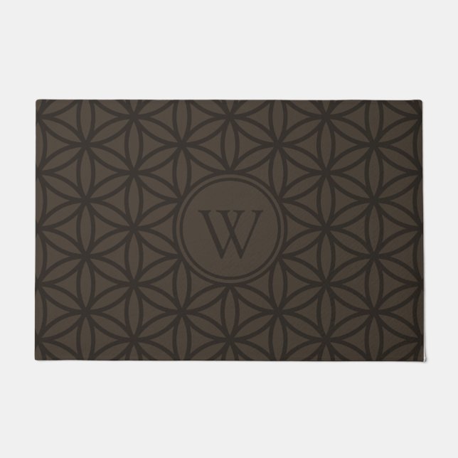 Brown Flower of Life - sacred geometry Monogram Doormat (Front)