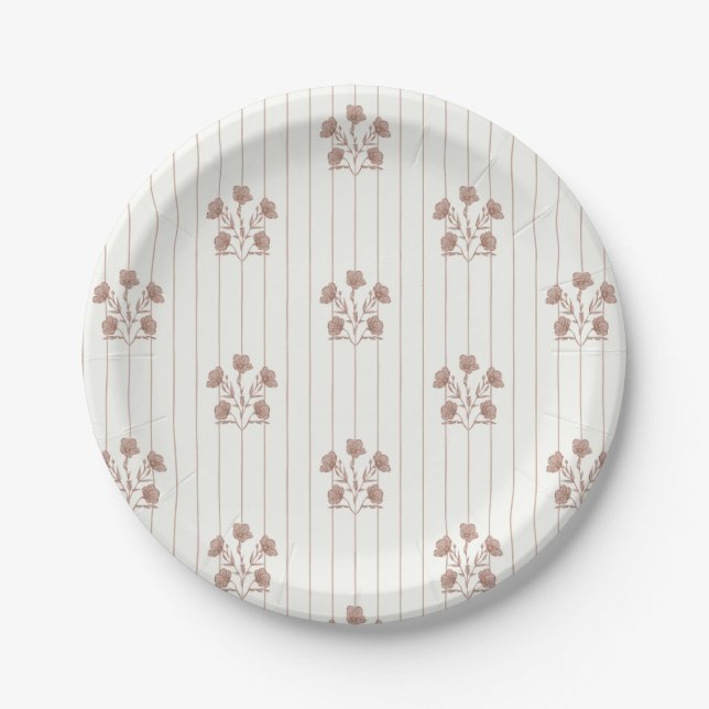 Brown Flower Stripes Paper Plate (Front)
