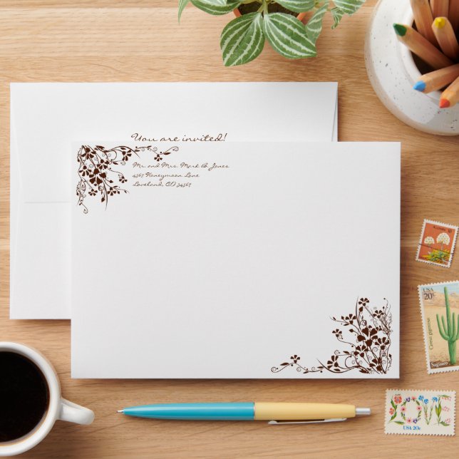 Brown Flower Swirl Wedding Envelopes (Desk)