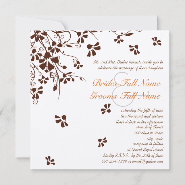 Brown Flower Swirls Wedding Invitations (Front)