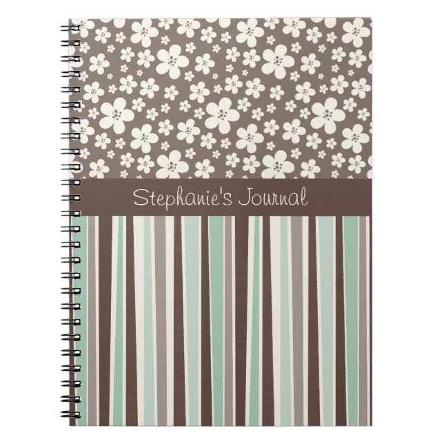 Brown Flowers and Stripes Personalised Notebook (Front)