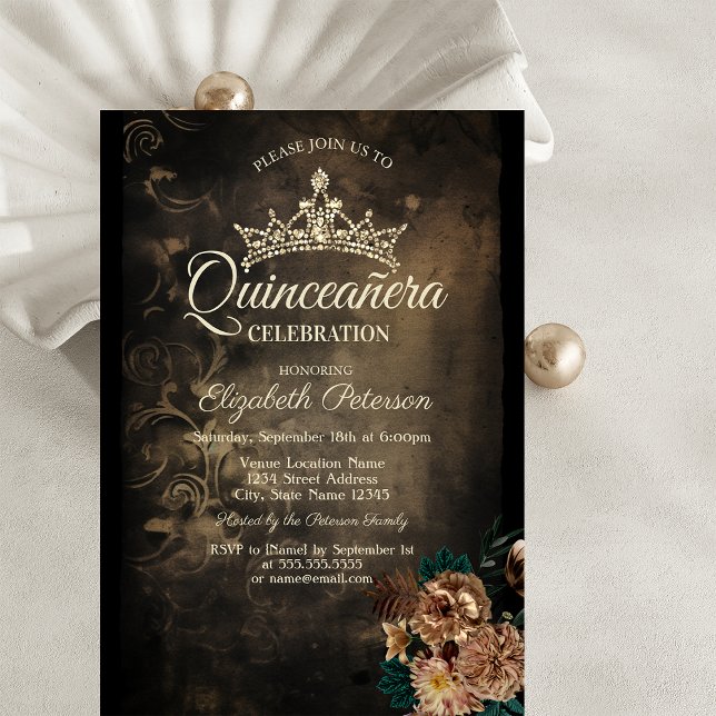 Brown Flowers Damask Dark Gothic Quinceañera  Invitation (Creator Uploaded)