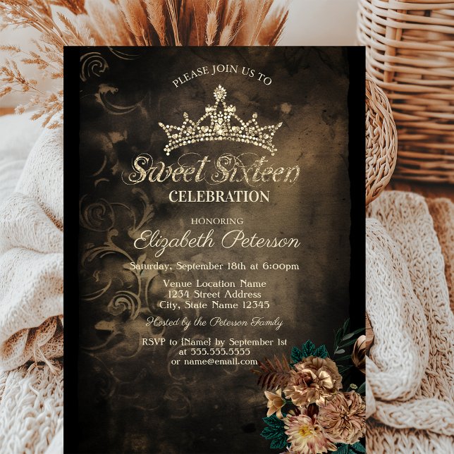 Brown Flowers Damask Dark Gothic Sweet 16 Invitation (Creator Uploaded)