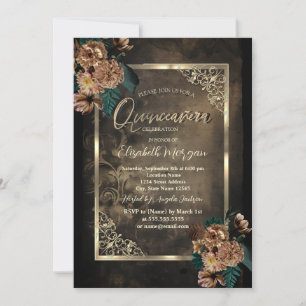 Brown Flowers Gold Frame Gothic Quinceañera Invitation