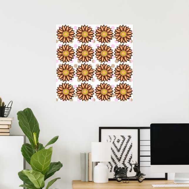 Brown Flowers pink Polka dot Floral pattern   Poster (Home Office)