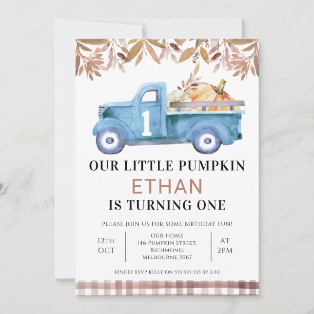 Brown Foliage Little Pumpkin Truck 1st Birthday Invitation (Front)