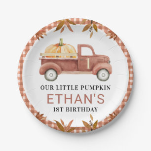 Brown Foliage Little Pumpkin Truck Birthday Paper Plate