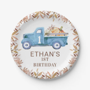 Brown Foliage Pumpkin Truck 1st Birthday Paper Plate
