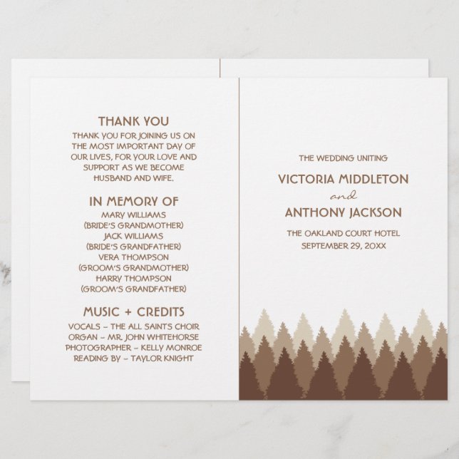 Brown Forest Range Woodland Wedding Program (Front/Back)