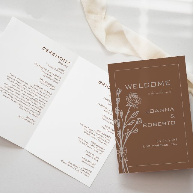 Brown Formal Rose Floral Trifold Wedding Program (Creator Uploaded)