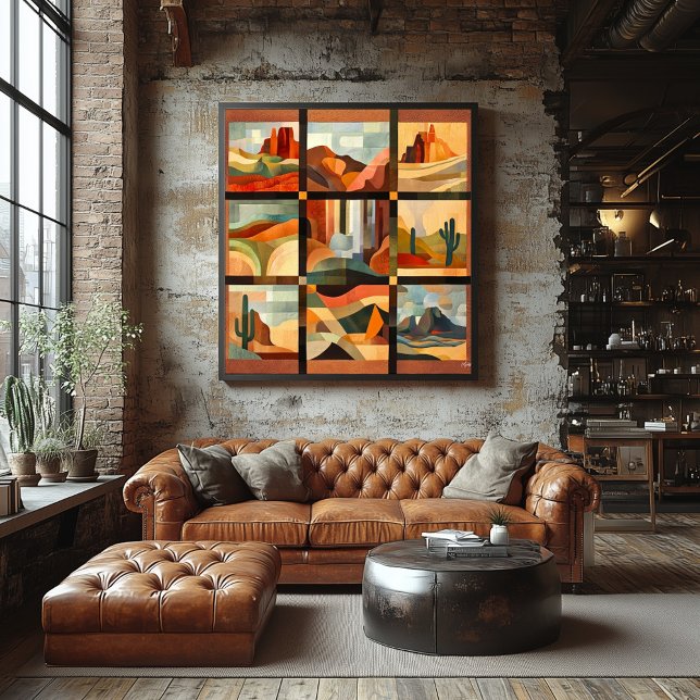 Brown Framed Desert Art Grid – Geometric Landscape Poster (Creator Uploaded)