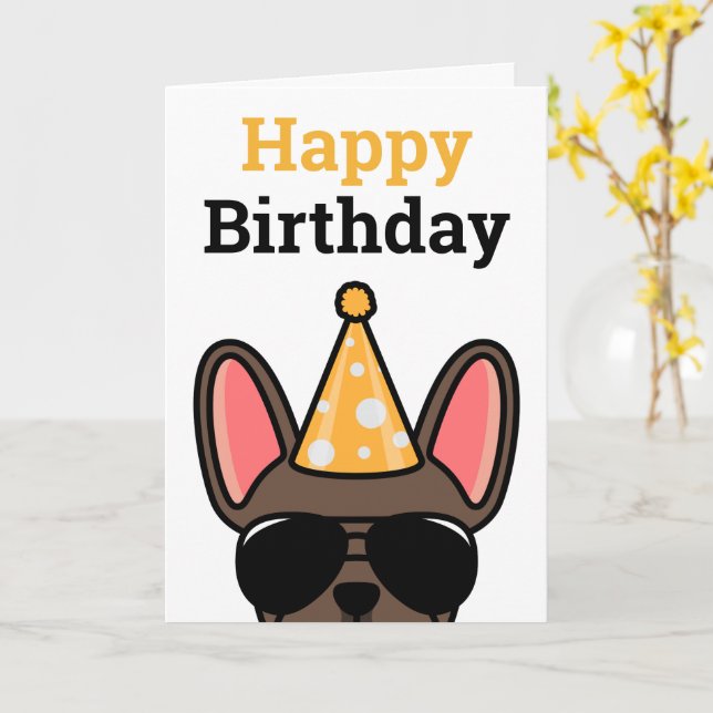 Brown French Bulldog Happy Birthday Card (Yellow Flower)
