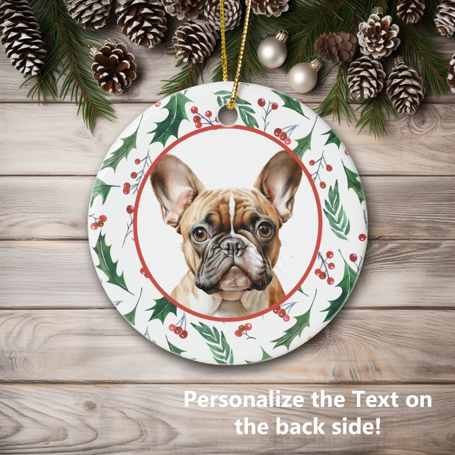 Brown French Bulldog Red Berry Holly Border Ceramic Tree Decoration (Creator Uploaded)