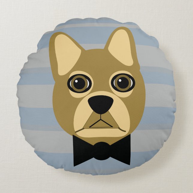 Brown French Bulldog, Stripes Round Cushion (Front)