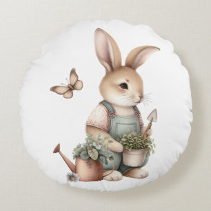 Brown Garden Bunny in Overalls Round Cushion